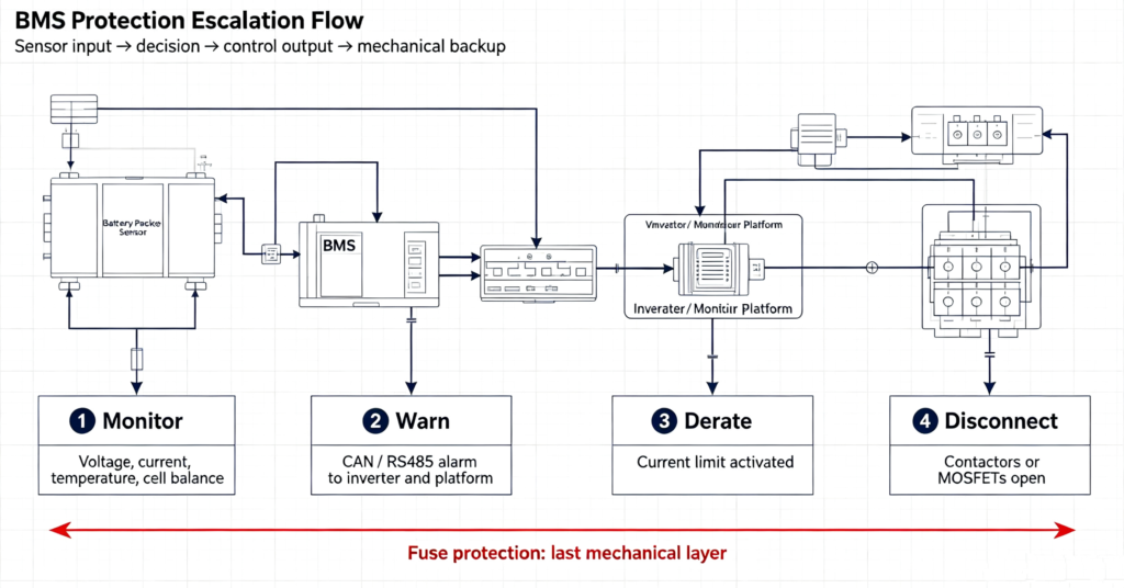 BMS intervention ladder from monitoring and alarms to derating and final disconnect