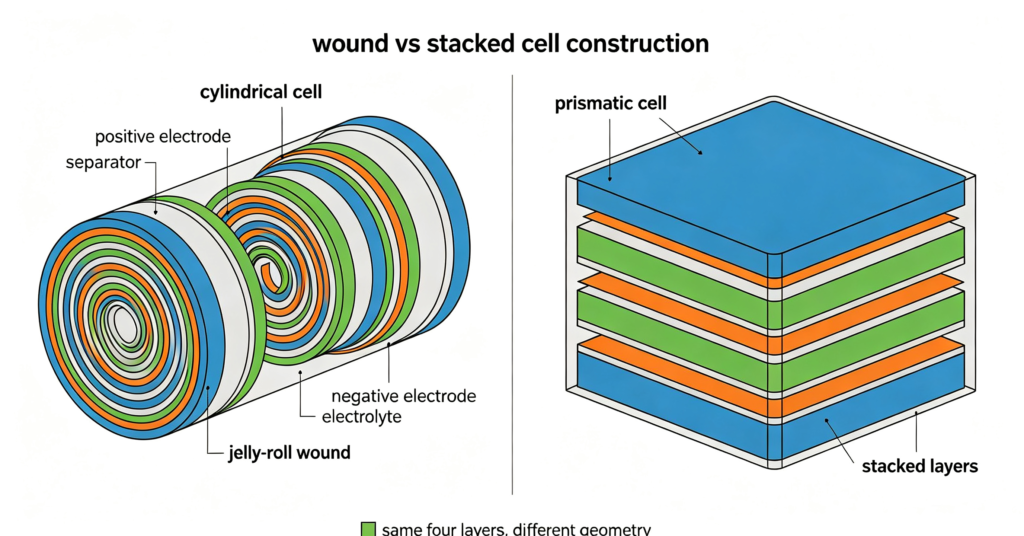 Comparison of wound cylindrical and stacked prismatic lithium ion cell construction