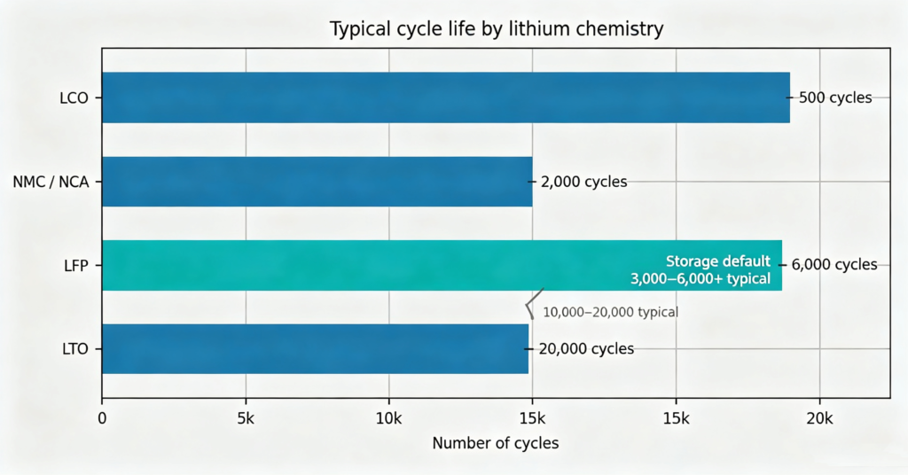 Bar chart comparing typical cycle life of LCO, NMC, LFP and LTO lithium batteries