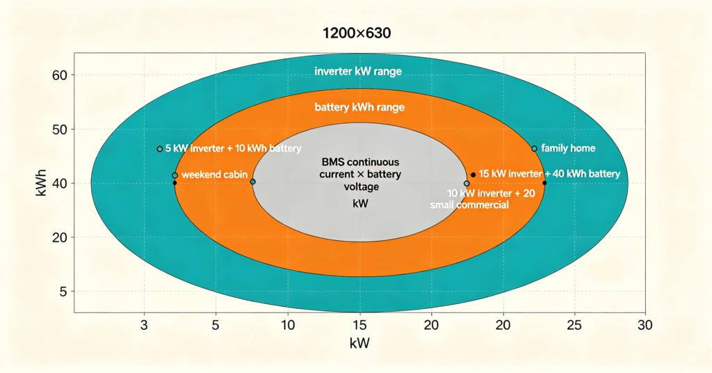 Three-parameter hybrid inverter, battery and BMS continuous current match diagram on a kW and kWh grid