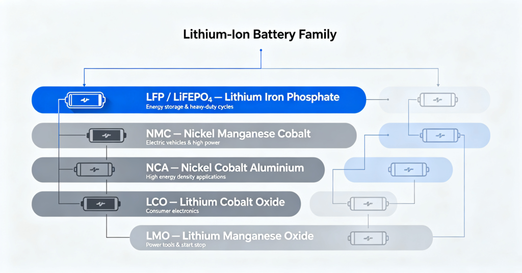 Lithium-ion battery chemistry family tree showing LFP, NMC, NCA, LCO and LMO as cathode material branches with typical applications