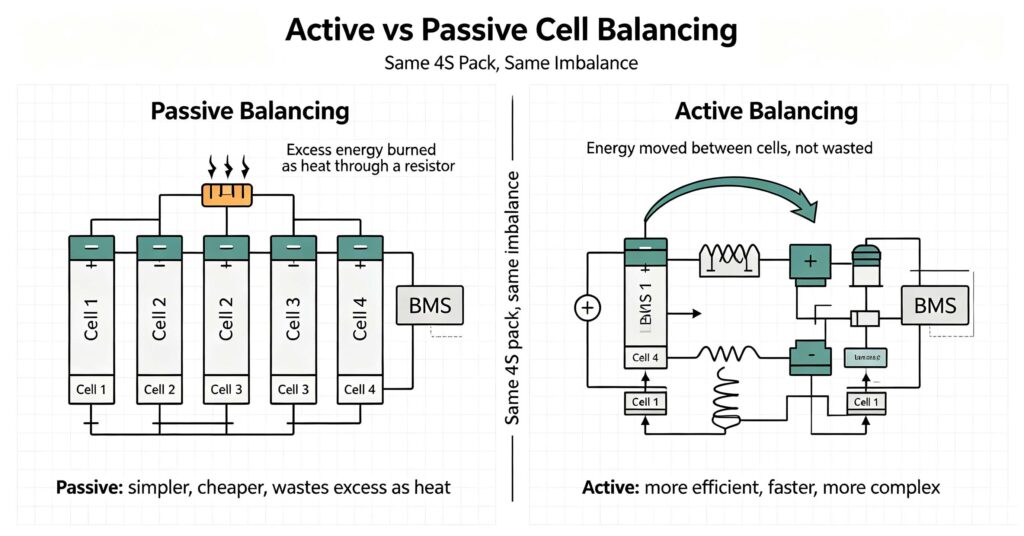 Active vs passive cell balancing diagram: passive wastes energy as heat, active transfers energy between cells in a 4S pack