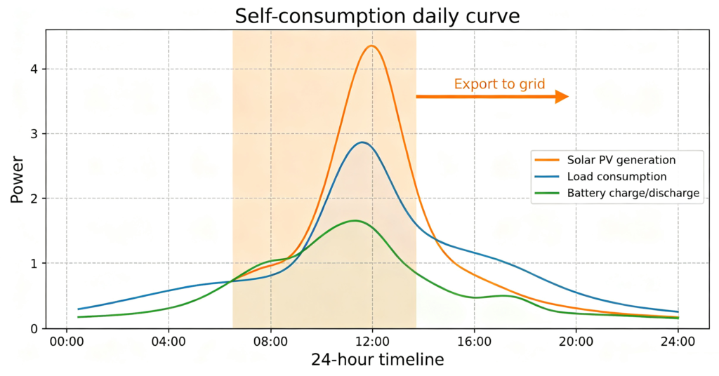 Daily generation load and battery flow for commercial solar storage 
