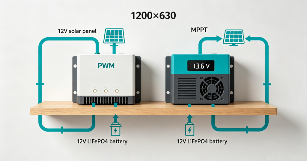 A solar battery charger for 12v battery compared as PWM and MPPT connected to a panel and a 12V LiFePO4 battery
