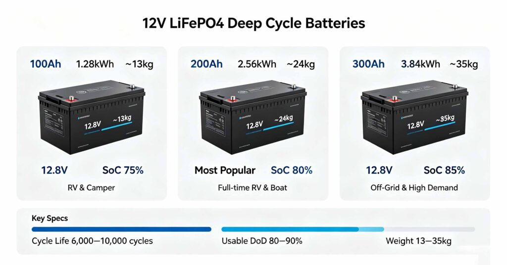 12V LiFePO4 deep cycle battery comparison showing 100Ah, 200Ah and 300Ah sizes with capacity, weight and application labels