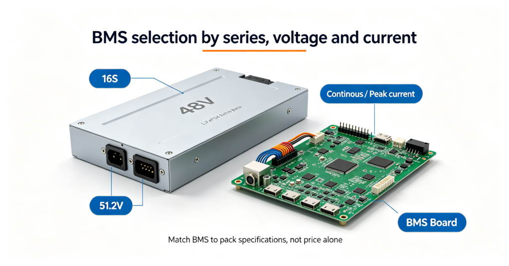 Selecting a LiFePO4 BMS by series count, voltage, and current
