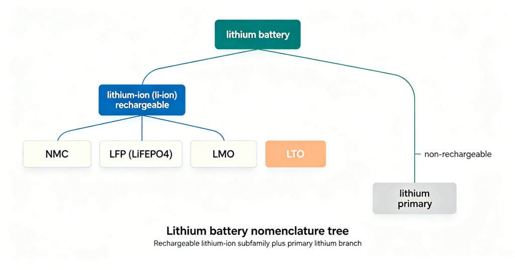 Tree diagram of lithium battery nomenclature with lithium-ion sub-branches 