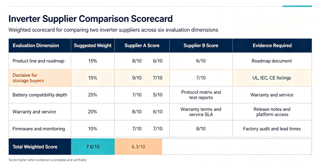 Weighted scorecard for comparing two inverter suppliers across six evaluation dimensions