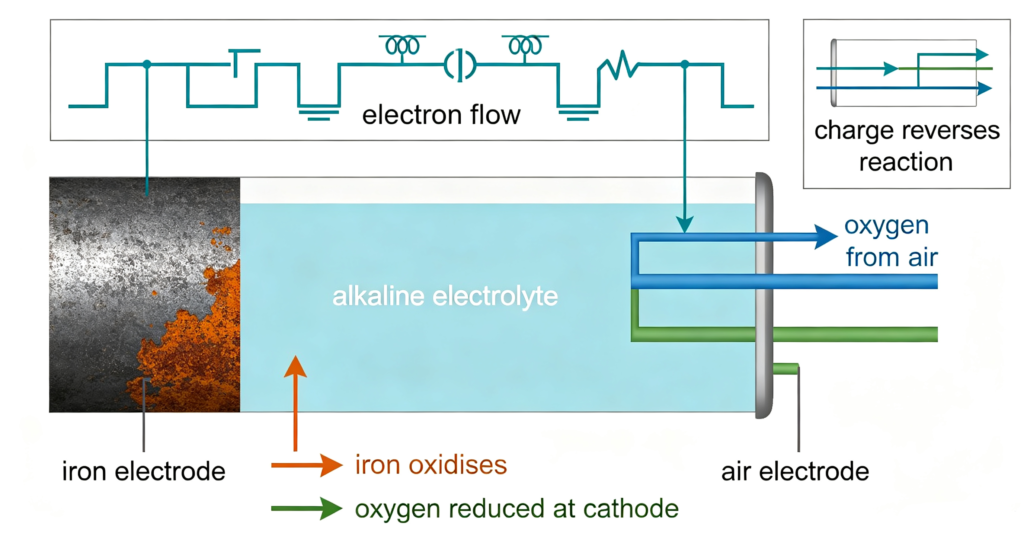 Diagram of iron air battery charging and discharging using reversible rust