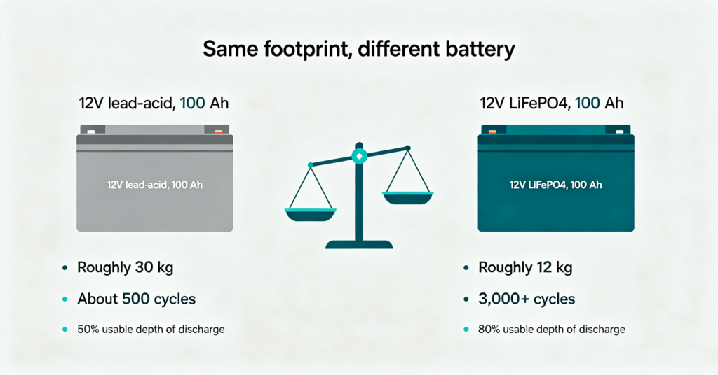 Comparison of 12V lead-acid and 12v lifepo4 battery weight, cycles and usable capacity