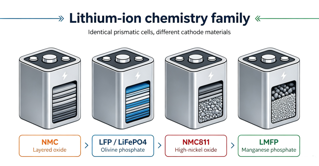 Four lithium-ion chemistries compared side by side in identical prismatic cells 