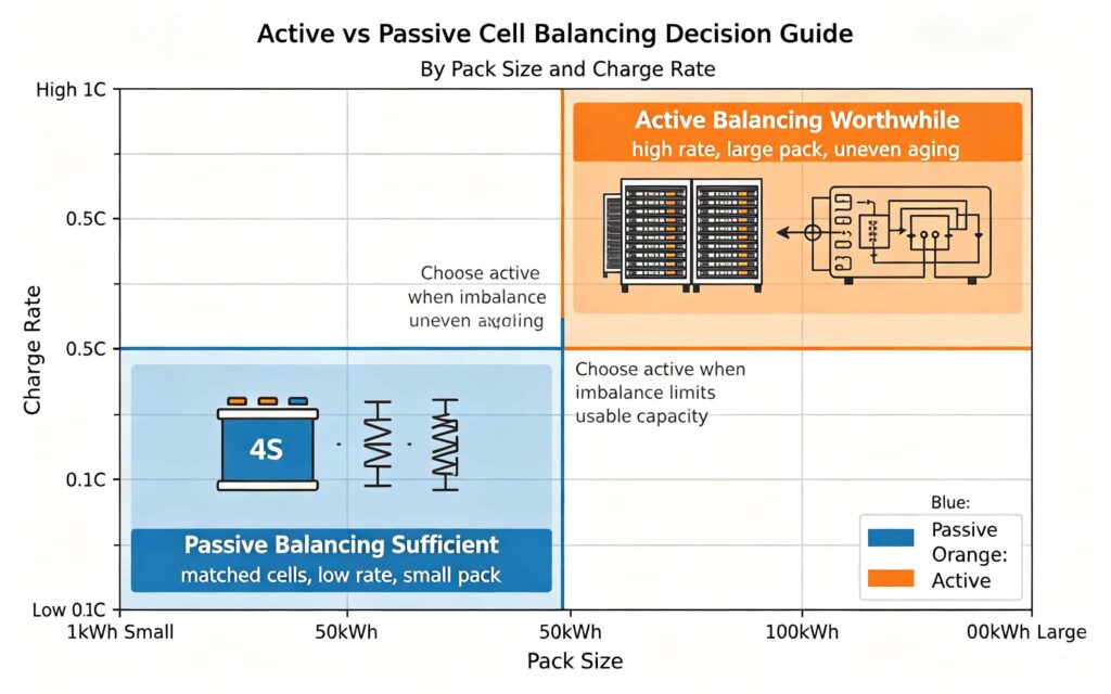 Active vs passive cell balancing decision chart: passive for small matched packs, active for large high-rate packs