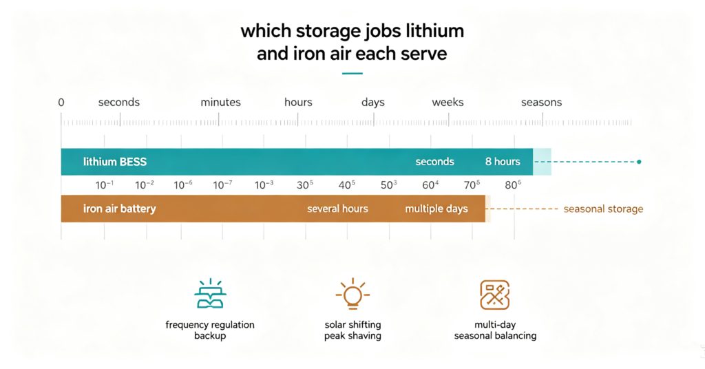 Duration chart showing lithium BESS from seconds to 8 hours and iron air from hours to days
