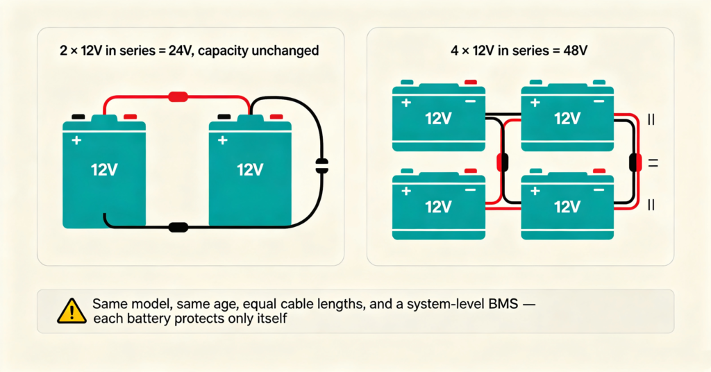Wiring diagram showing 12v lifepo4 batteries in series for 24V and 48V strings