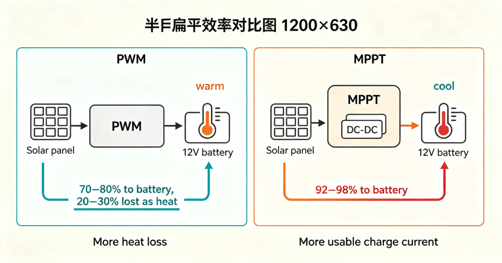 Diagram comparing PWM and MPPT solar battery charger efficiency feeding a 12V lithium battery