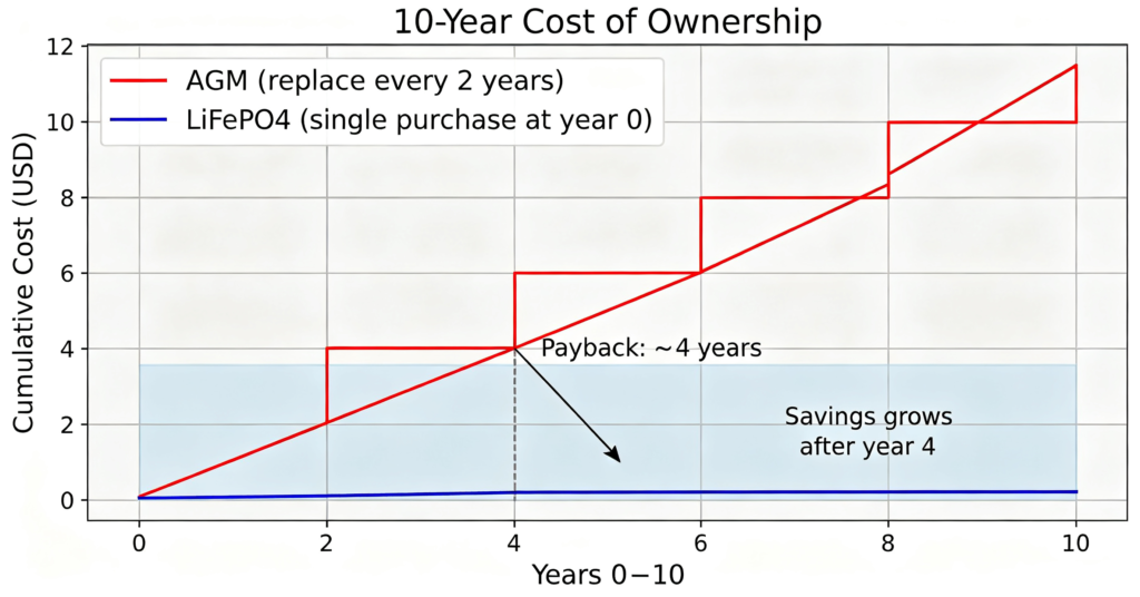 ROI payback chart comparing cumulative cost of AGM battery replacements versus a single LiFePO4 purchase over ten years, showing payback at approximately year four