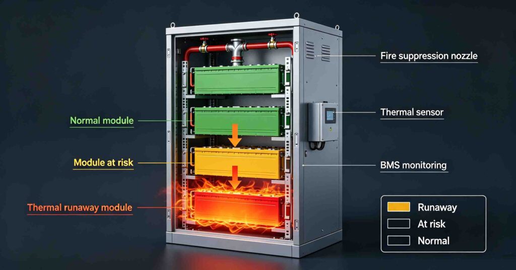 Battery thermal runaway propagation diagram of a storage cabinet showing one failing module spreading heat to adjacent modules with fire suppression nozzles and sensors labelled