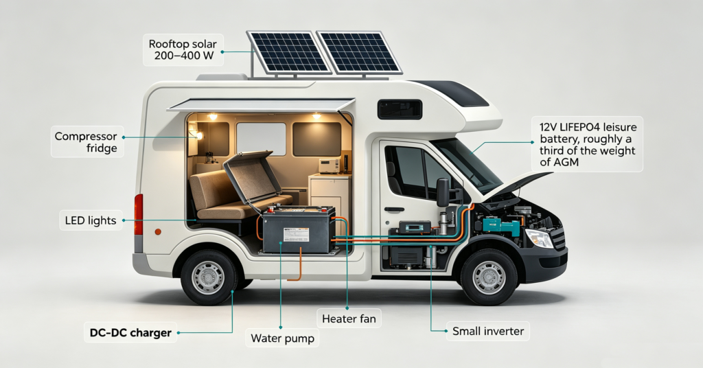 Cutaway showing a lithium ion battery for motorhome use under the seat with solar and loads