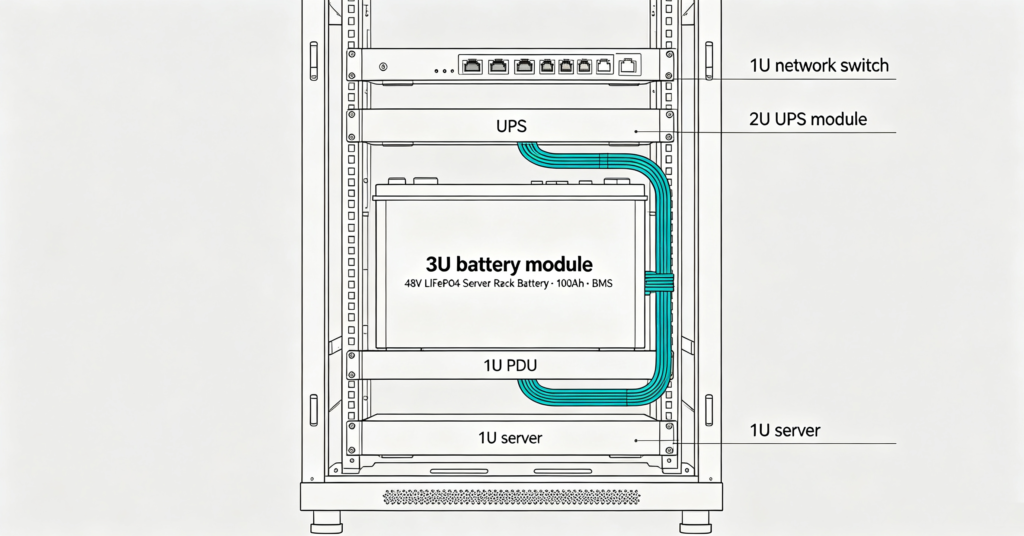 A 48V server rack battery in a 19-inch IT rack between a UPS module and a PDU in a data center
