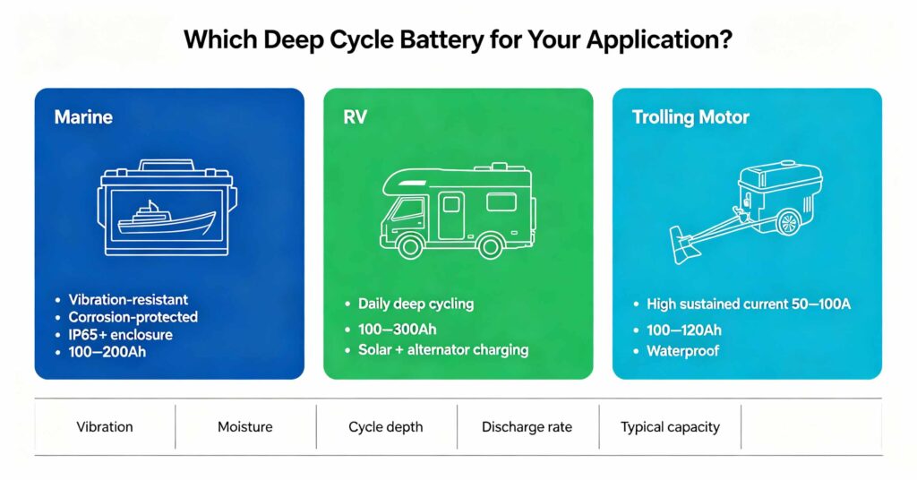 Marine RV deep cycle battery application comparison showing boat, RV and trolling motor battery requirements with vibration, moisture and capacity labels