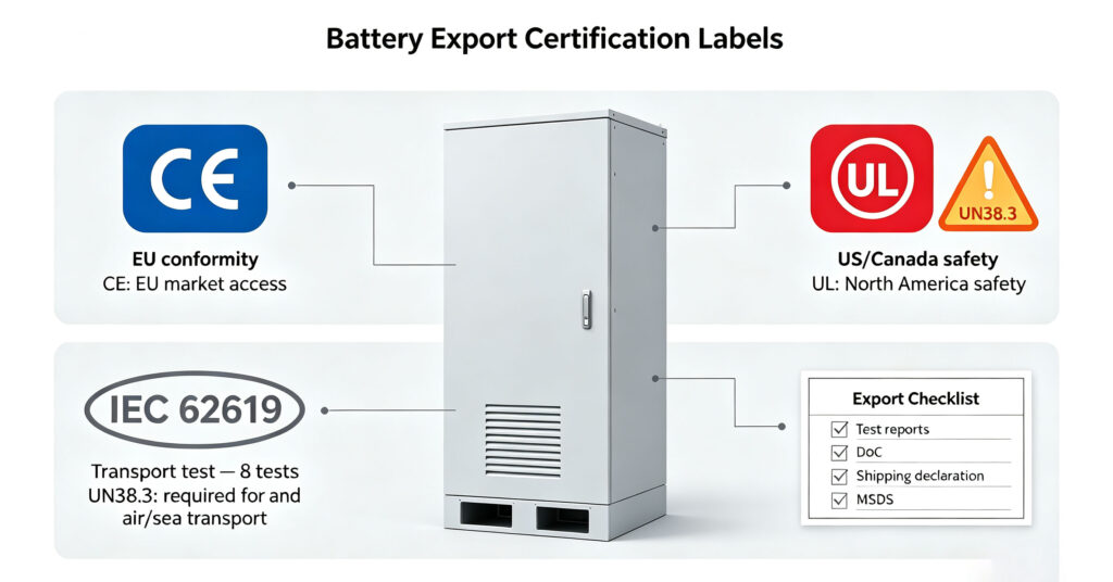 Battery export certification badges: CE, UL, UN38.3 and IEC 62619 beside a LiFePO4 battery