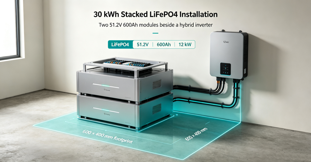Two 51.2V 600Ah LiFePO4 modules stacked into a 30 kWh residential battery bank