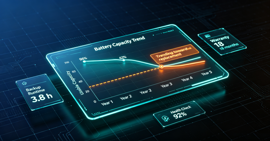 Monitoring dashboard showing battery capacity trend falling toward a replacement threshold