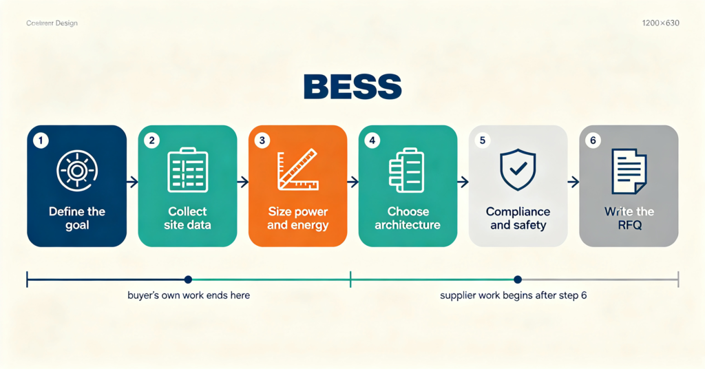 Six-step process diagram for battery energy storage system design