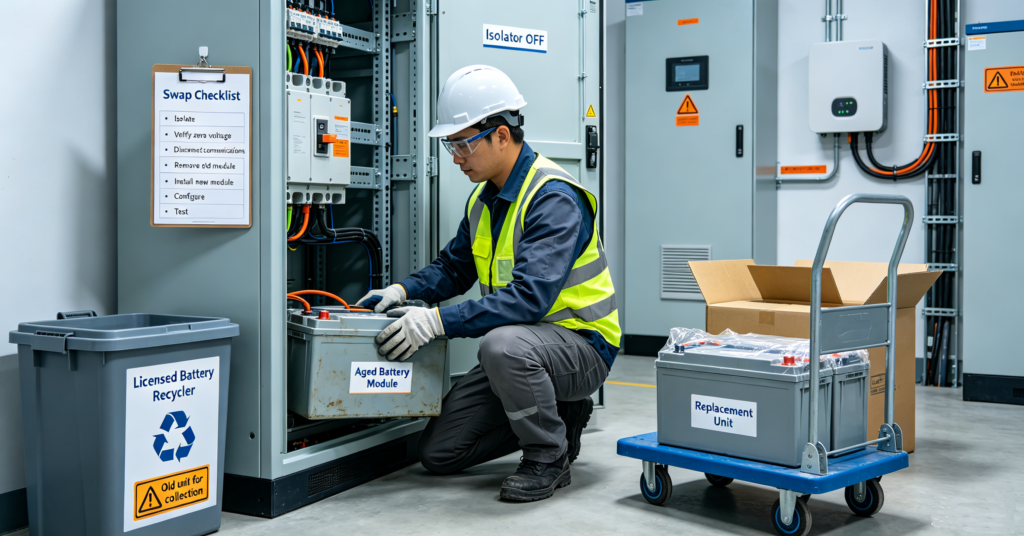 Installer swapping an aged battery module with a new unit and a recycling crate
