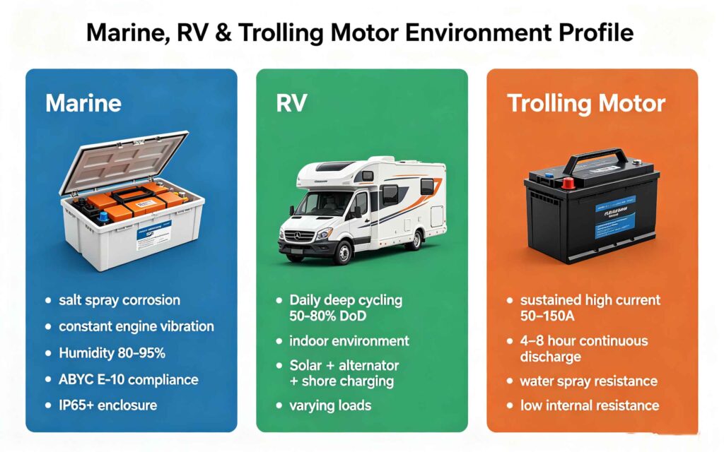 Marine vs RV vs trolling motor battery environment comparison showing vibration, moisture, discharge profile and capacity requirements for each application