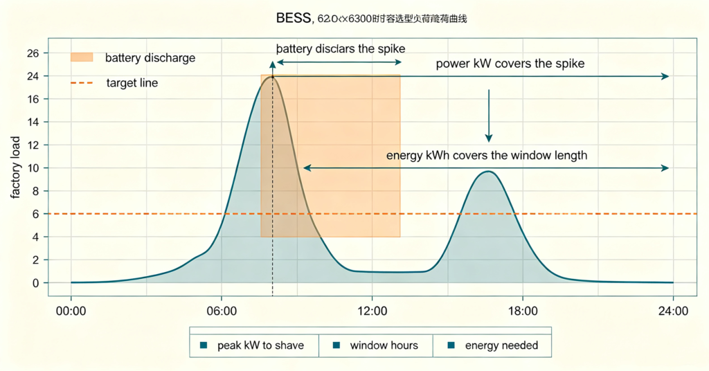 Sizing chart showing battery power covering a peak and energy covering the window