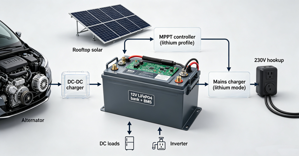 Motorhome charging diagram with DC-DC charger, MPPT solar controller and hookup charger feeding a LiFePO4 bank