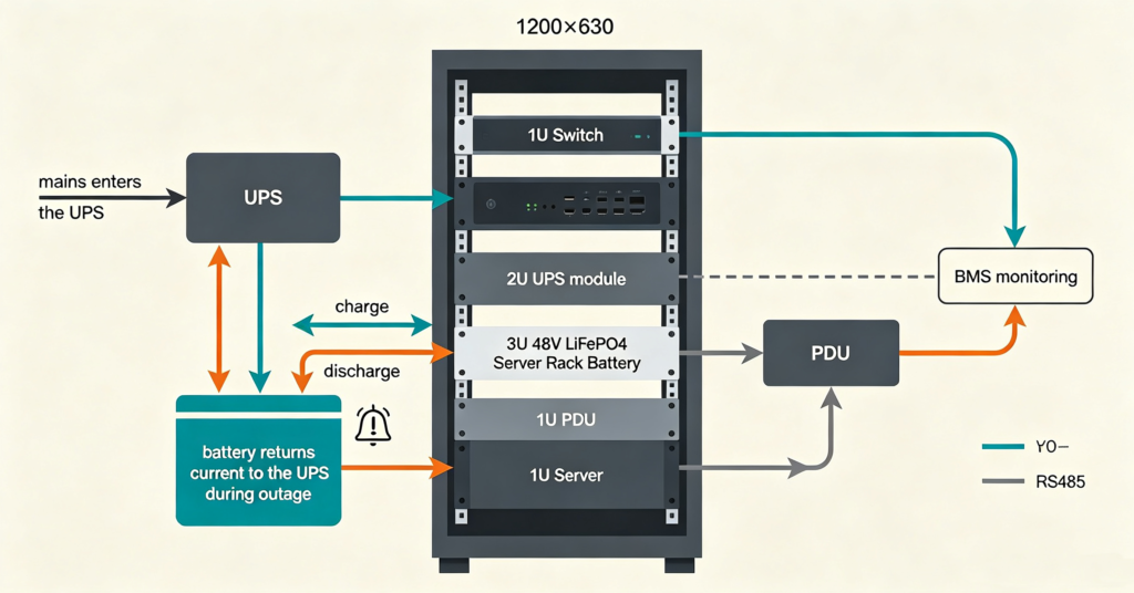 Block diagram of a 48V server rack battery feeding a UPS and IT load inside a 19-inch rack
