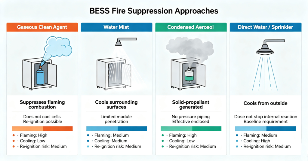 Four-panel comparison diagram of BESS fire suppression systems: gaseous clean agent, water mist, condensed aerosol and direct water sprinkler, with effectiveness notes for each