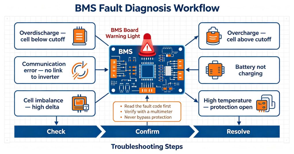 Common BMS faults flowchart: overdischarge, overcharge, communication error, no charging and cell imbalance