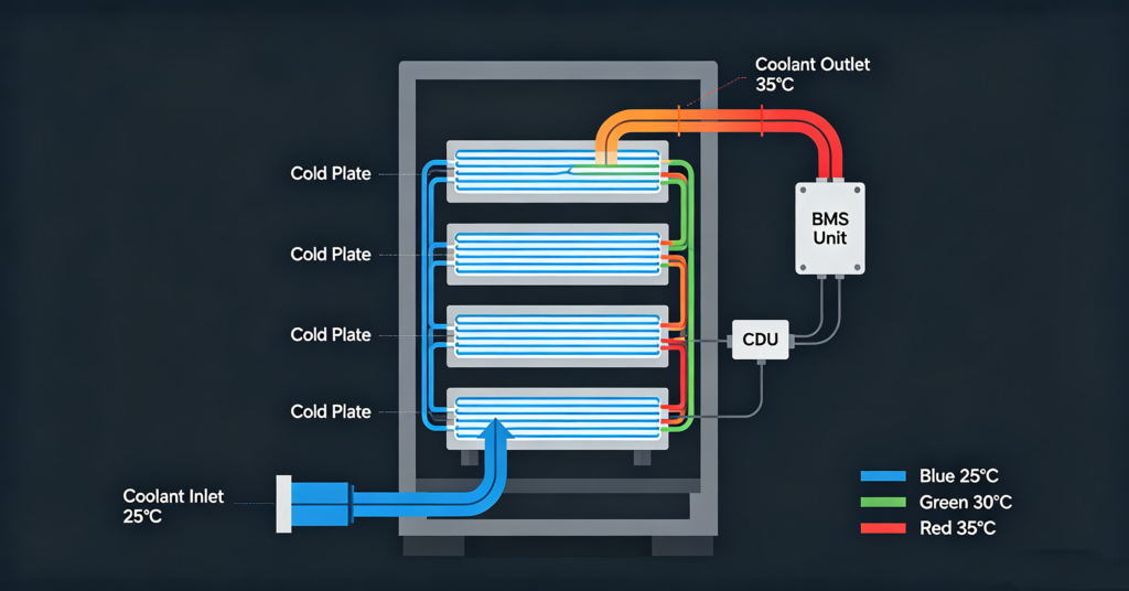 Liquid cooled BESS rack cutaway showing cold plates between modules and coolant temperature gradient from blue inlet to red outlet with CDU labelled