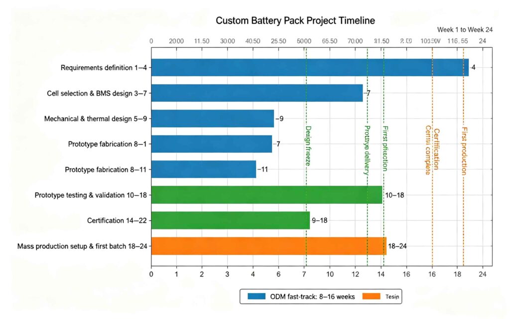 Custom battery pack OEM ODM development timeline Gantt chart showing 7 steps over 24 weeks with milestones for design freeze, prototype delivery, certification and first production