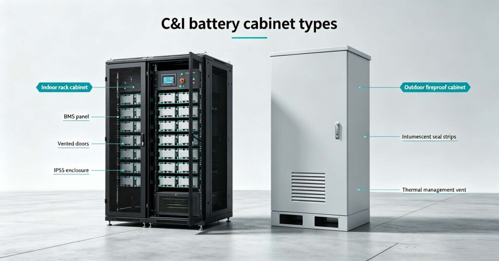 Indoor rack battery cabinet and outdoor fireproof battery cabinet for commercial sites
