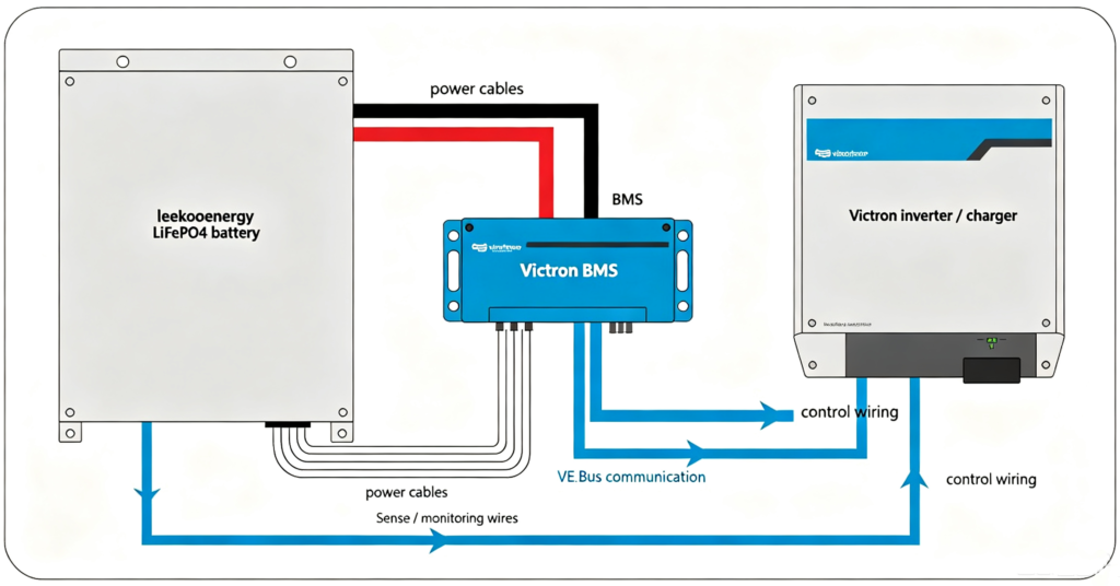 Wiring diagram of a Victron BMS integrated with a leekooenergy lithium battery