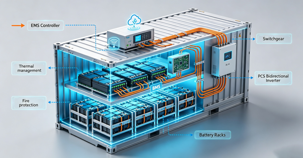 Exploded view of a BESS showing battery racks, PCS, BMS and EMS with power and signal flows