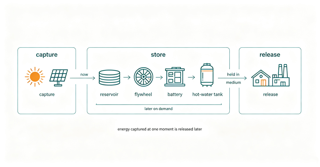 Concept diagram showing energy captured, stored in four media and released later
