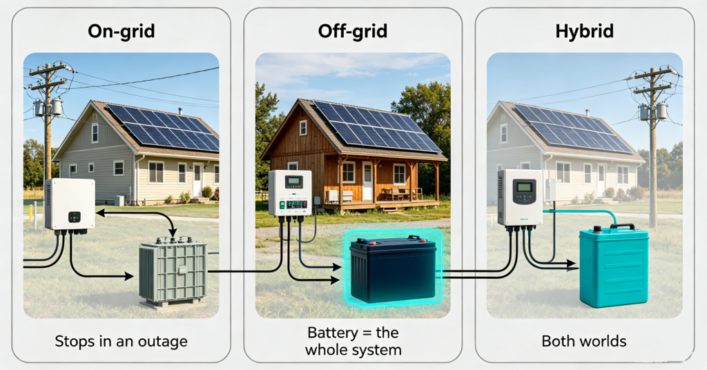 Diagrams of on-grid, off-grid and hybrid solar systems showing where the battery sits in each