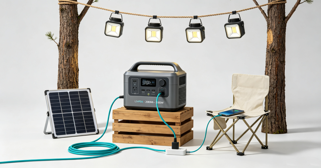 A lifepo4 portable power station on a job site powering LED work lights and a phone via a small solar panel