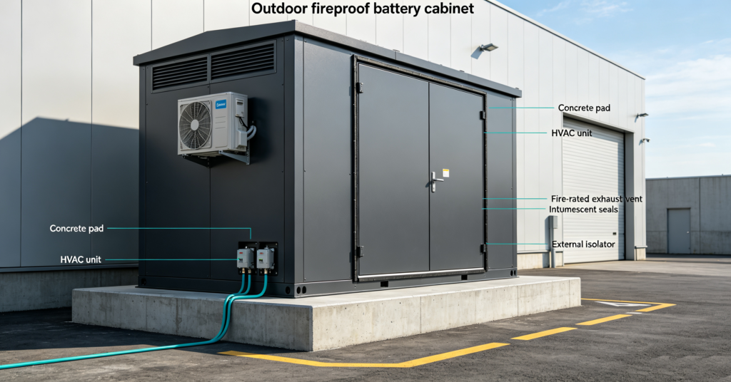 Outdoor fireproof battery cabinet on a concrete pad beside an industrial building
