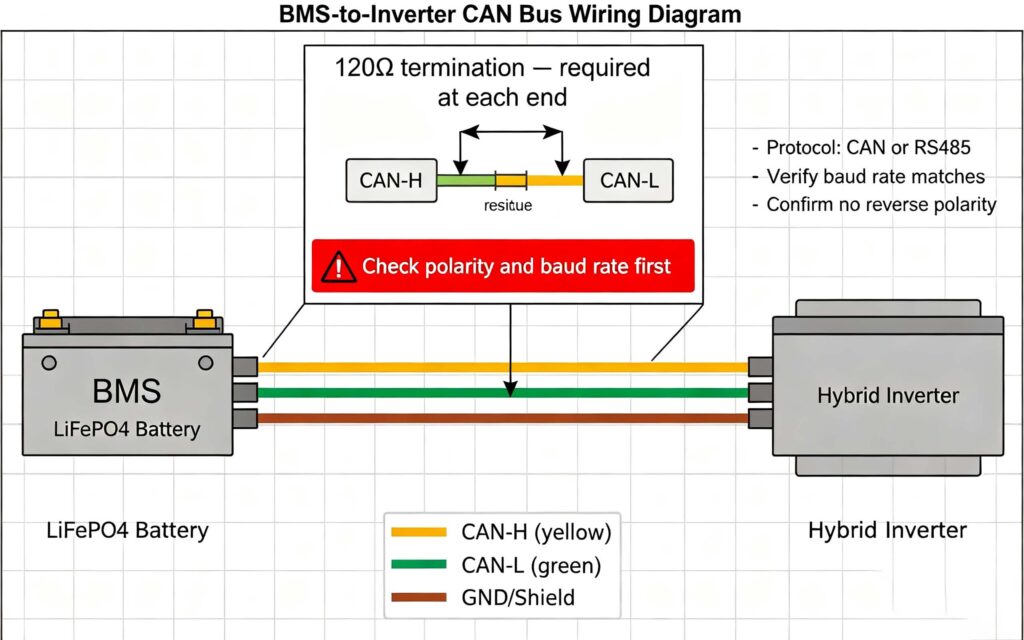 Common BMS faults: CAN bus wiring diagram with CAN-H, CAN-L and 120 ohm termination for communication faults
