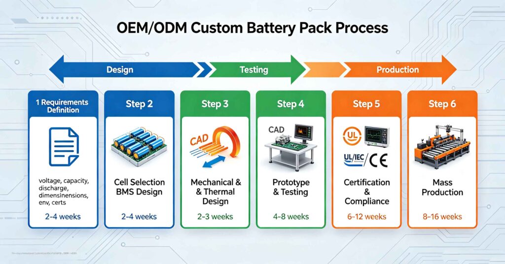 Custom battery packs OEM ODM six-step design process infographic showing requirements definition, cell selection, mechanical design, prototype testing, certification and mass production