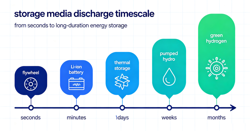 Timeline comparing typical discharge times of flywheel, battery, thermal, pumped hydro and hydrogen storage