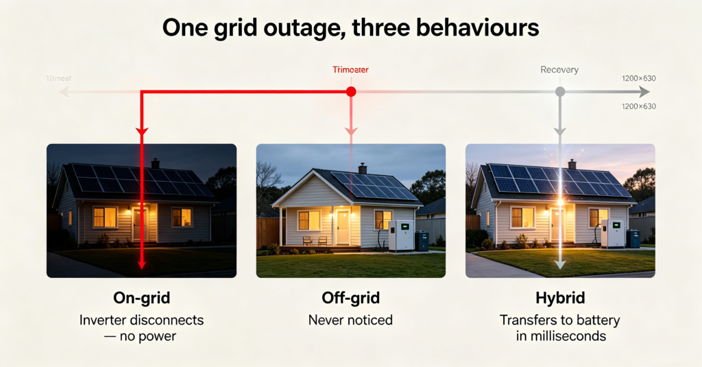 Outage timeline comparing on-grid shutdown, off-grid immunity and hybrid battery transfer