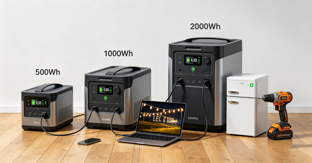 Three lifepo4 portable power station sizes (500Wh, 1000Wh, 2000Wh) shown powering different loads