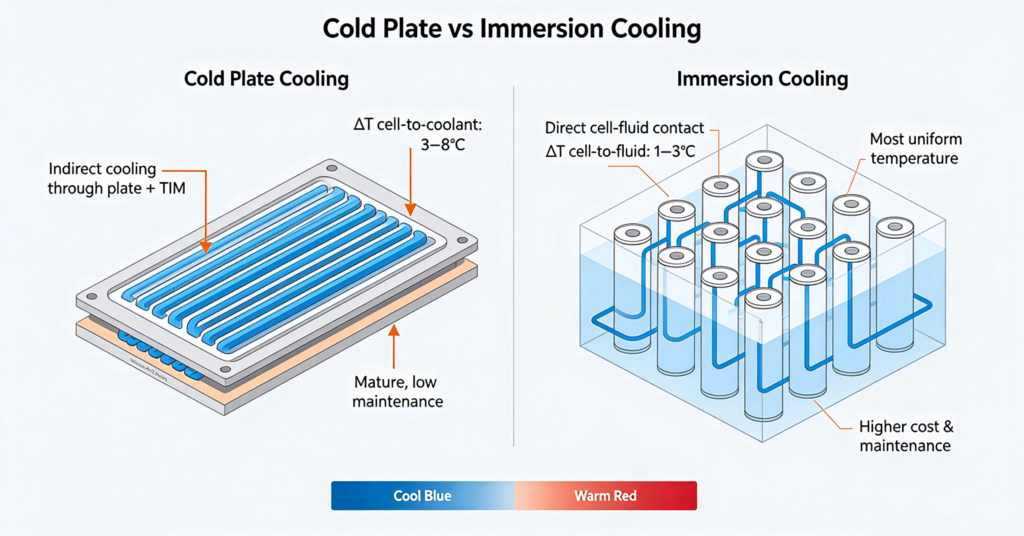 Comparison diagram of cold plate cooling versus immersion cooling for battery energy storage systems, showing thermal resistance differences and temperature uniformity